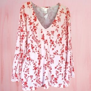 H & M Red & Pink Floral V Neck Top Sz Large
